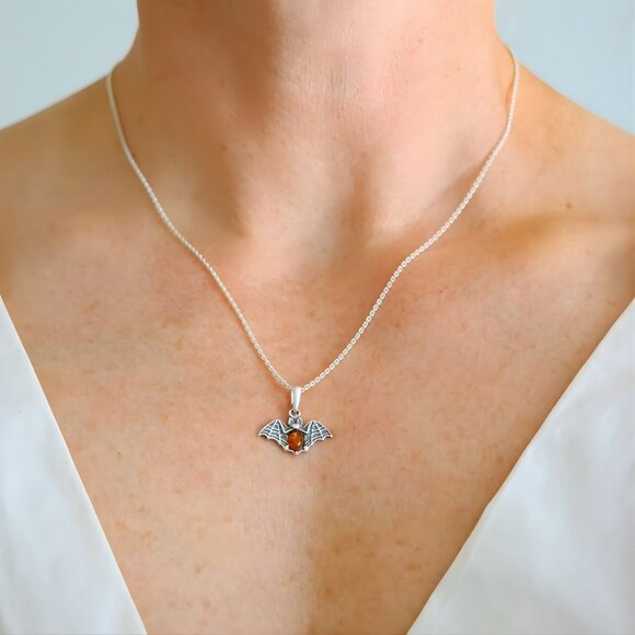 Baltic Amber Tiny Bat Necklace in 925 Sterling Silver - Picture 4 of 6